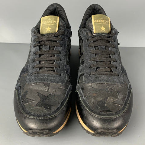 VALENTINO Talla 10 Zapatillas Rockrunner de cuero con estrellas burdeos azul marino