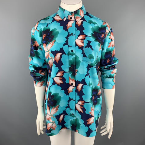 KENZO Size L Aqua Floral Leafs Silk Long Sleeve Shirt