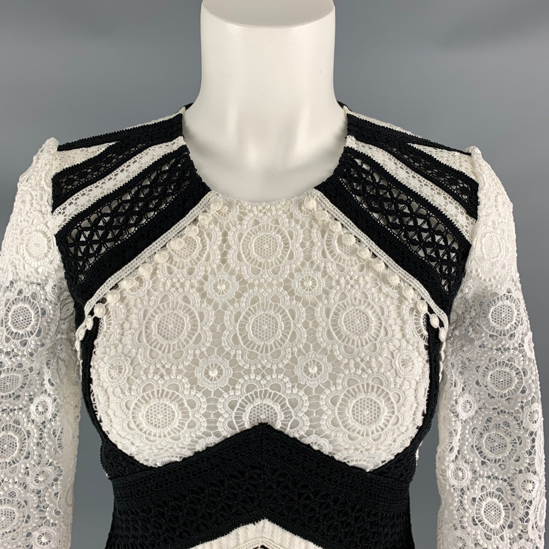 BURBERRY PRORSUM Size 2 White Black Cotton Blend Lace Knee-Length Dres Sui Generis Designer Consignment BURBERRY PRORSUM Size 2 White Black Cotton Blend Lace Knee-Length Dres Sui Generis Designer Consignment