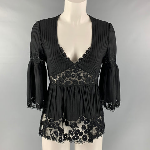 CATHERINE MALANDRINO Talla S Blusa plisada con cuello en V de lana y seda negra