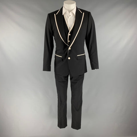 DOLCE &amp; GABBANA Taille de poitrine 38 Noir Blanc Solide Laine Mélange Peak Revers Costume