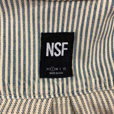 NSF Size S Indigo Stripe Distressed Paint Splash Cotton Button Up Long Sleeve Shirt