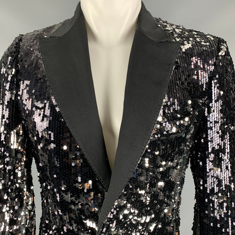 DOLCE & GABBANA Size 38 Black Sequined Peak Lapel Sport Coat