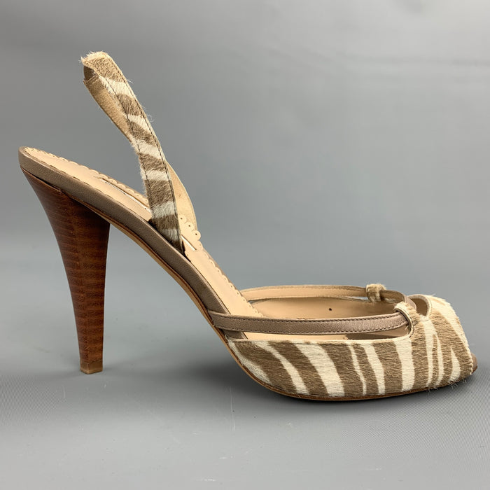 OSCAR DE LA RENTA 8.5 Off White & Taupe Zebra Tiger Pony Hair Sling Back Pumps