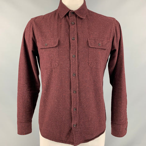 TAYLOR STITCH Talla L Camisa de manga larga con bolsillos de parche de algodón jaspeado burdeos