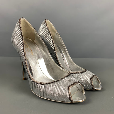 SERGIO ROSSI Talla 7 Zapatos de tacón peep toe metálicos lamé negros