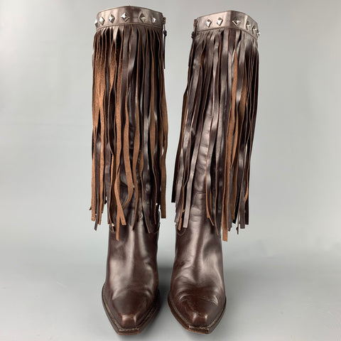 DONALD J PLINER Taille 10 Bottes à bout pointu à franges cloutées en cuir marron