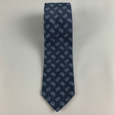 DRAKES LONDON Navy Light Blue Paisley Silk Tie