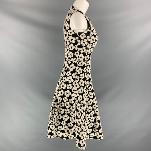 CAROLINA HERRERA Black & White Cotton Blend Floral Mid-Calf Dress