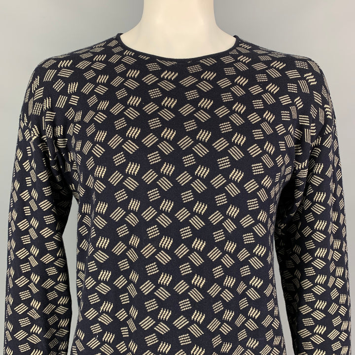 ARMANI COLLEZIONI Size L Navy & Ivory Knitted Cotton / Rayon Crew-Neck Pullover