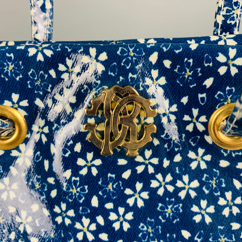 ROBERTO CAVALLI Blue White Floral Tote Handbag