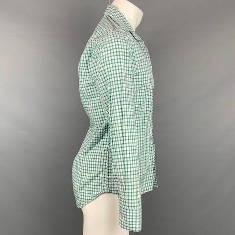 ETRO Size S Green & White Checkered Cotton Spread Collar Long Sleeve Shirt