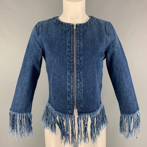 3 X 1 Size XS Blue Cotton Fringe Zip Up Jacket