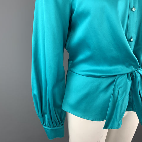 ESCADA Size 12 Turquoise Cotton Sateen Band Collar Tied Blouse