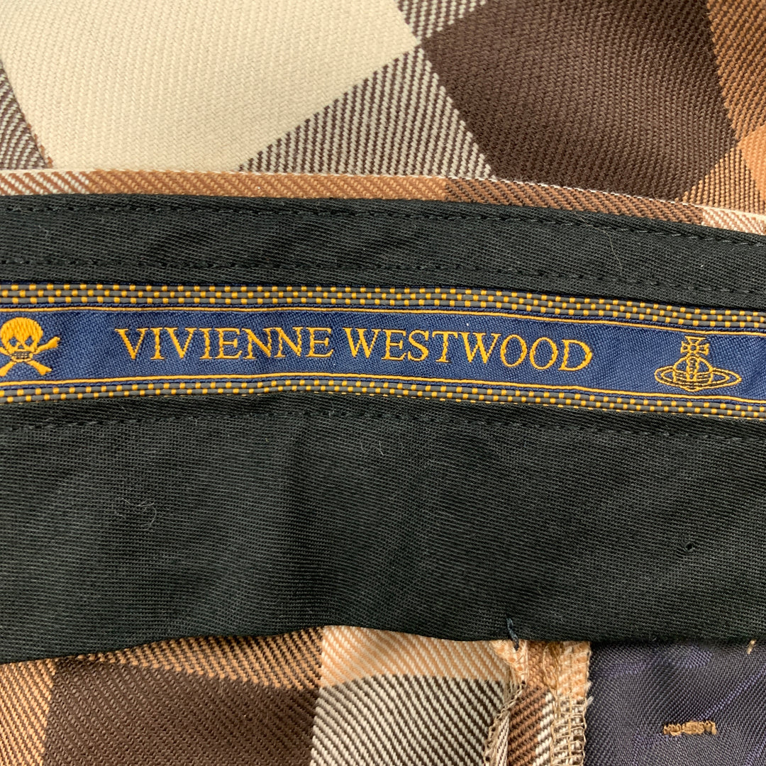 VIVIENNE WESTWOOD Talla 34 Pantalón de vestir con bragueta de botones de lana a cuadros marrón y beige