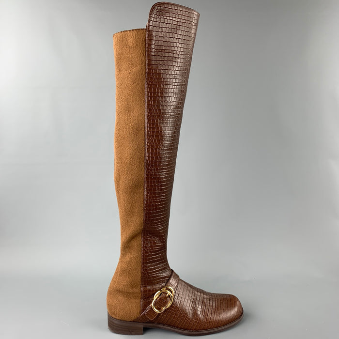 STUART WEITZMAN Size 9.5 Brown & Cognac Embossed Leather Boots