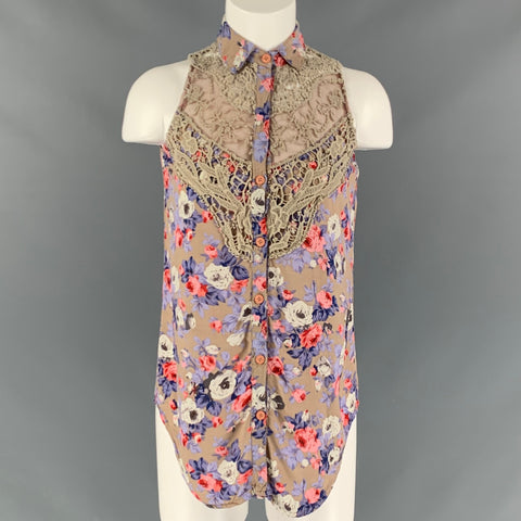 PACO RABANNE Blusa sin mangas con estampado floral color topo y morado talla S