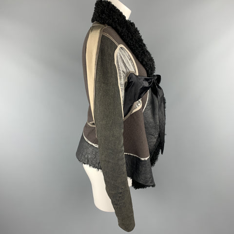 RICK OWENS Size 10 Gray Metallic Leather Patchwork Shearling Collar Tied Jacket
