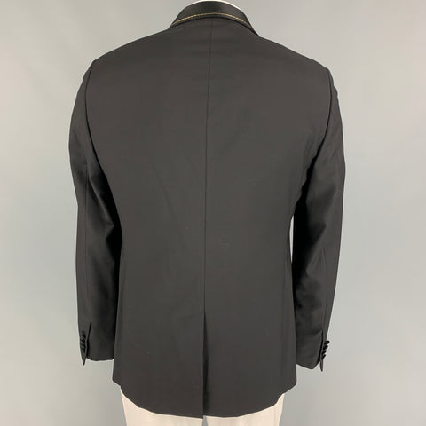 LANVIN Size 44 Black Gold Contrast Stitch Wool Shawl Collar Sport Coat