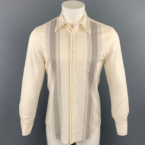 PRADA Camisa de manga larga con bolsillo de parche de algodón a rayas crema talla S