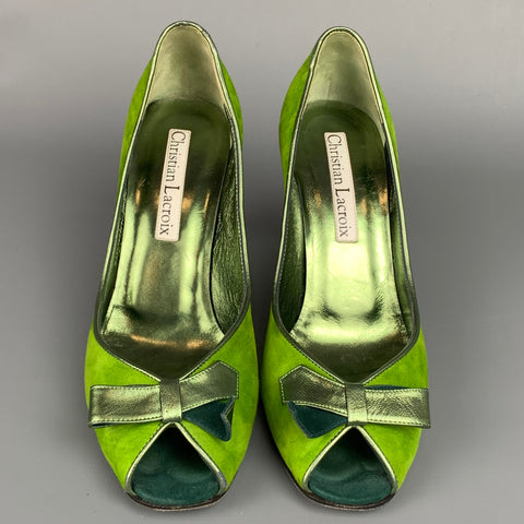 CHRISTIAN LACROIX Size 8 Green Two Toned Suede Bow Pumps