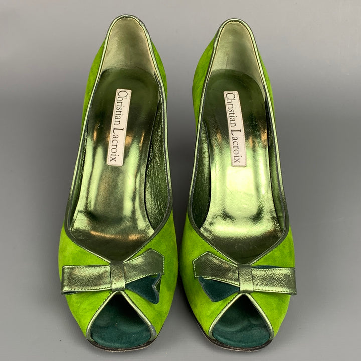 CHRISTIAN LACROIX Talla 8 Zapatos de tacón con lazo de ante en dos tonos verdes