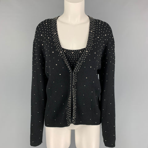 BOB MACKIE Taille L Ensemble cardigan 2 pièces en coton noir strass col en V