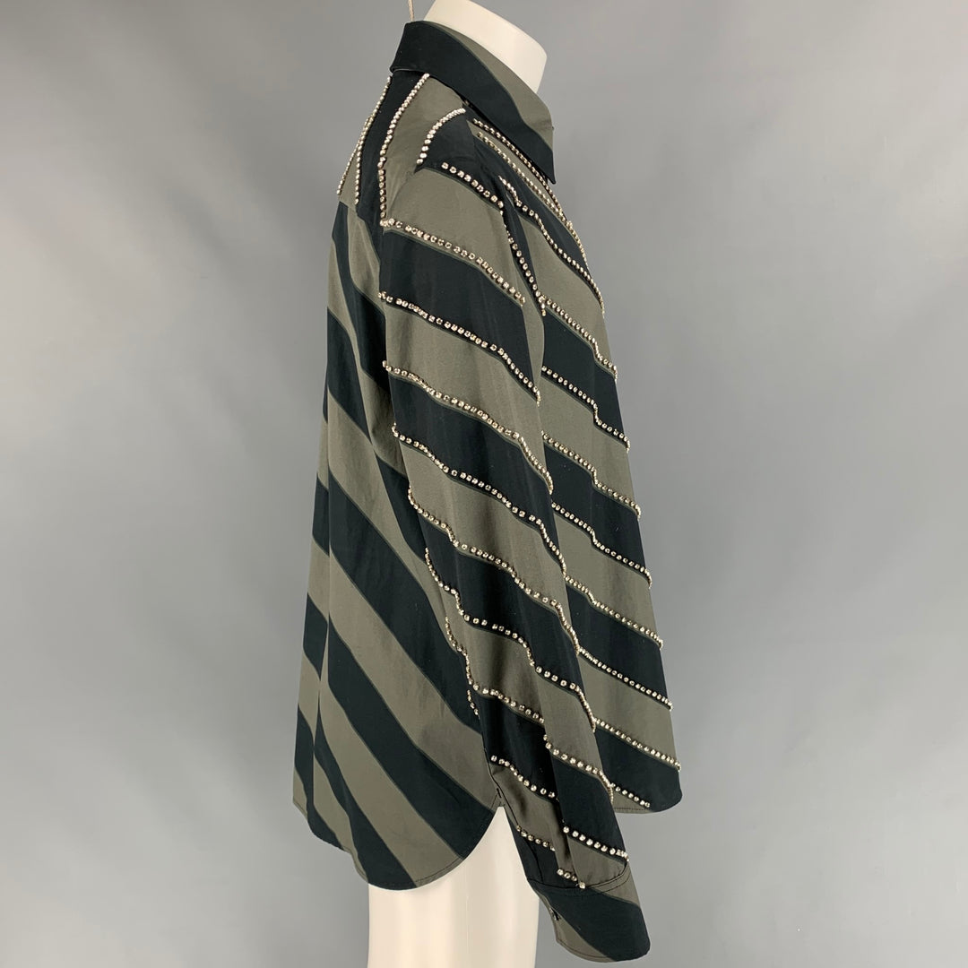 MERYL ROGGE Talla S Camisa de manga larga con botones de algodón con rayas diagonales grises y negras