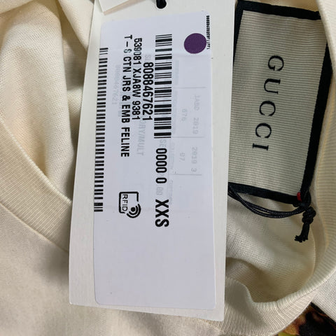 GUCCI Size XXS Beige Multi-Color Embroidery Cotton Crew-Neck T-shirt