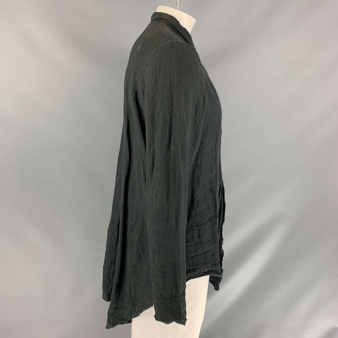 ALEKSANDR MANAMIS Size XL Black Solid Linen Asymmetrical Long Sleeve Shirt