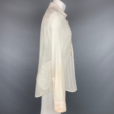 JUST CAVALLI Size L Cream Textured Cotton Long Placket Long Sleeve Shirt