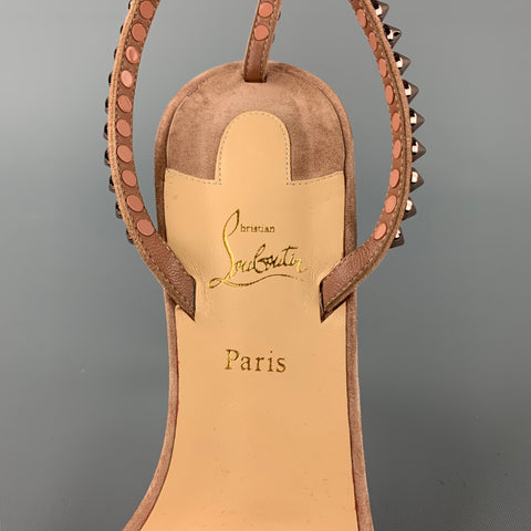 CHRISTIAN LOUBOUTIN So Me Spike Size 8 Suede Taupe Ankle Strap Sandals