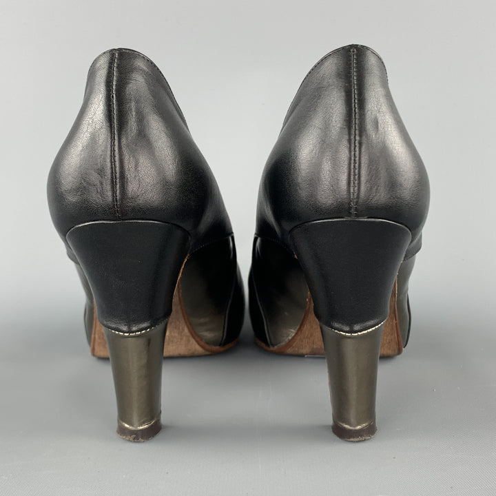 ELLEN VERBEEK Talla 8.5 Zapatos de tacón de cuero de cuero negro y plateado