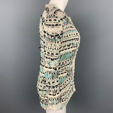 OSCAR DE LA RENTA Size S Cream & Teal Blue Woven Silk Crochet Cardigan Jacket