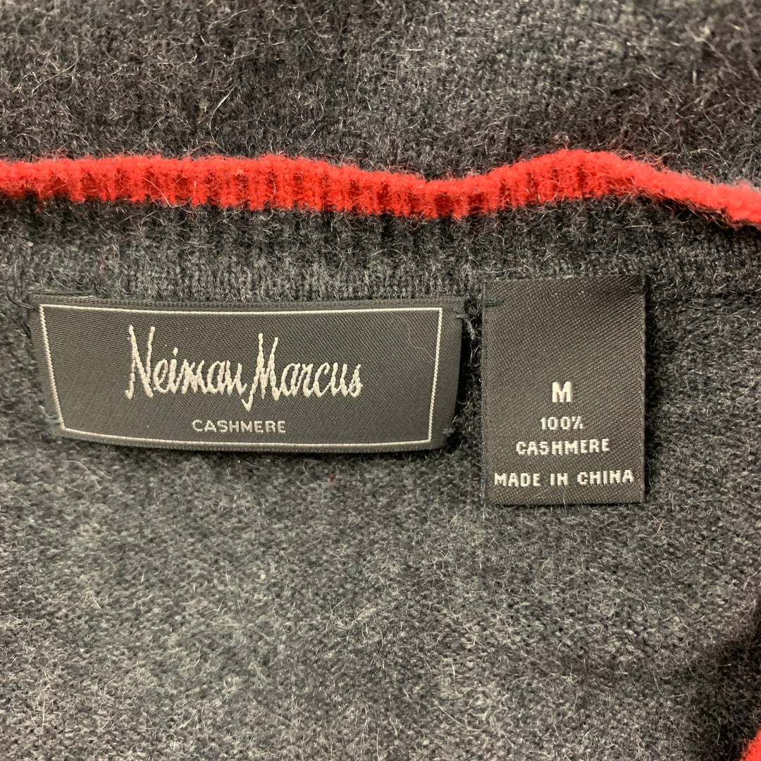 NEIMAN MARCUS Size M Grey Orange Contrast Trim Cashmere Crew-Neck Pullover