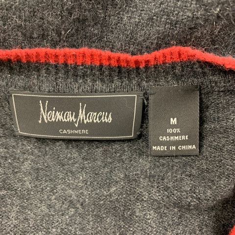 NEIMAN MARCUS Talla M Jersey de cuello redondo de cachemira con ribete en contraste gris naranja
