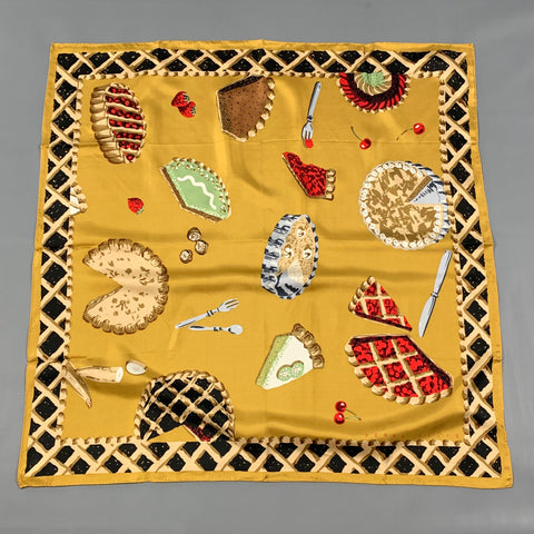 PERRY ELLIS Gold Black Pastries Print Silk Scarf