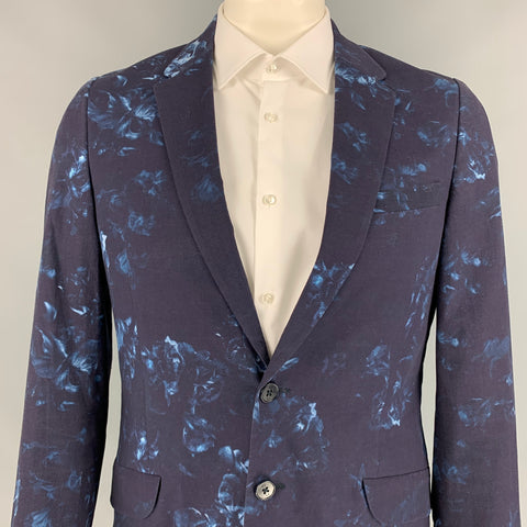 PAUL SMITH Size 42 Navy & Blue Abstract Floral Cotton Sport Coat