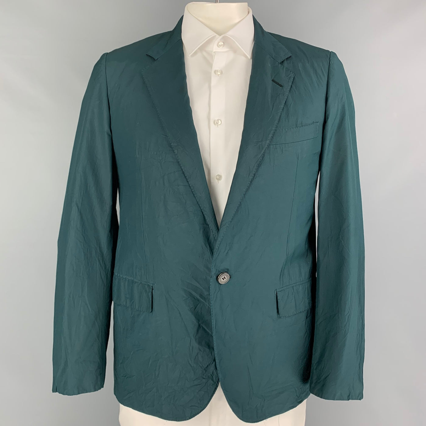 LANVIN Size 42 Regular Emerald Wrinkled Silk Notch Lapel Sport
