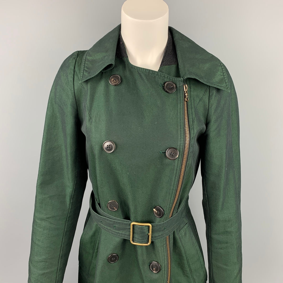DRIES VAN NOTEN Size 8 Dark Green Cotton Double Breasted Belted Coat