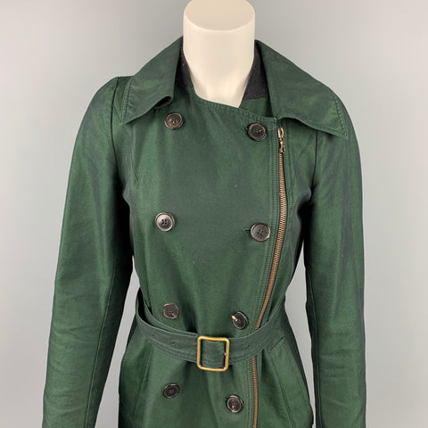 DRIES VAN NOTEN Taille 8 Manteau ceinturé à double boutonnage en coton vert foncé