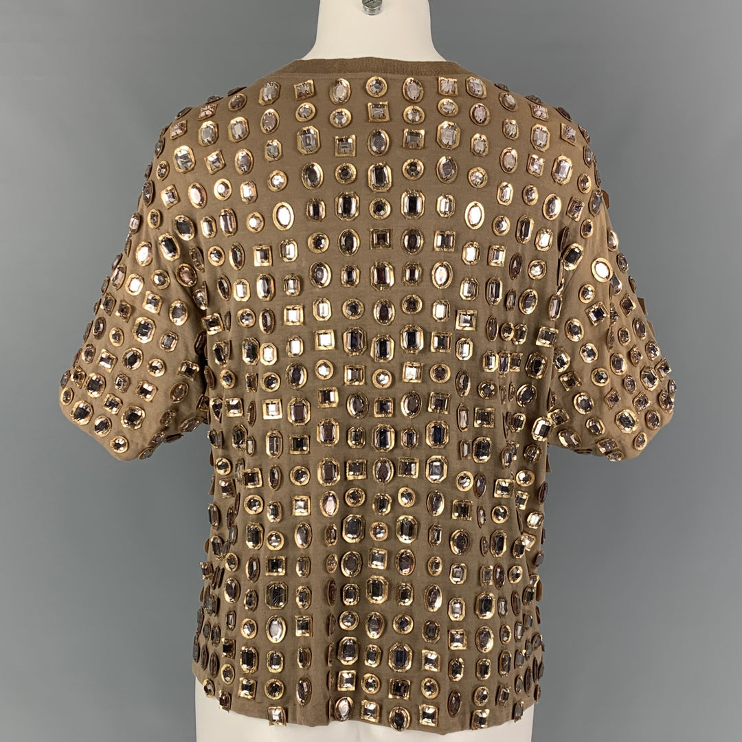 GIVENCHY Size M Taupe Gold Rhinestones Short Sleeve Dress Top