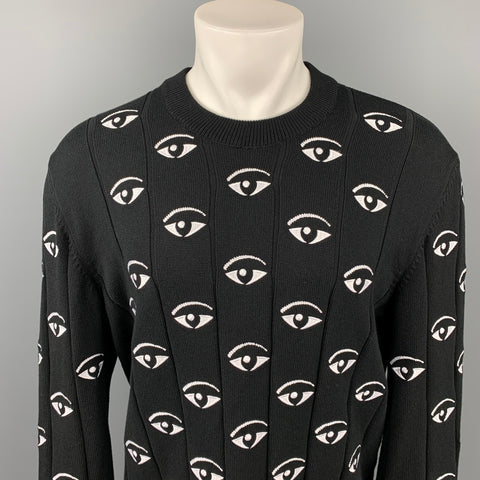 KENZO Size XL Black & White Embroidery Cotton Crew-Neck Pullover