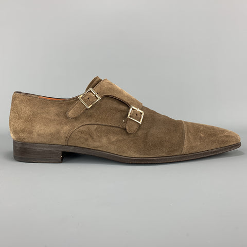 SANTONI Size 11.5 Taupe Suede Double Monk Strap Loafers