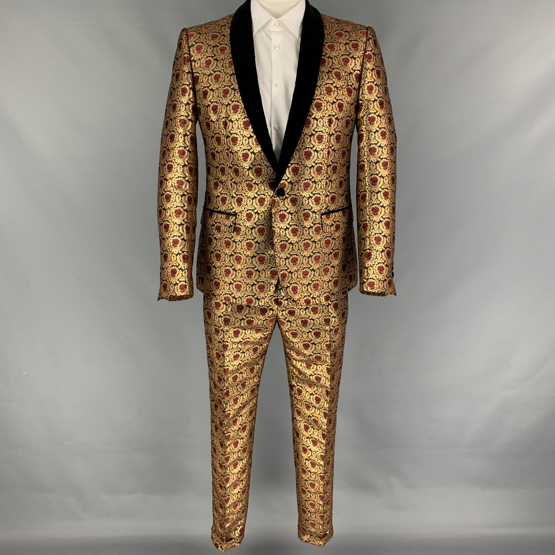 DOLCE & GABBANA Size 42 Gold Black Burgundy Jacquard Polyester / Cotton Notch Lapel Suit