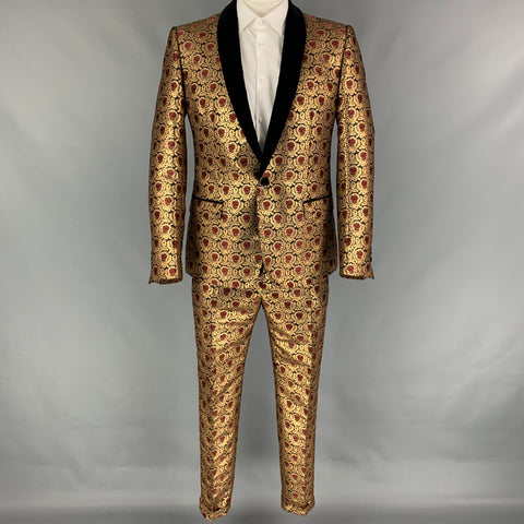 DOLCE &amp; GABBANA Taille 42 Or Noir Bordeaux Jacquard Polyester / Coton Costume Revers Cranté