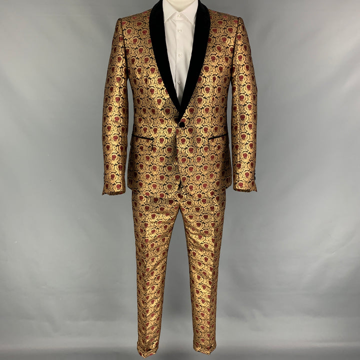 DOLCE & GABBANA Size 42 Gold Black Burgundy Jacquard Polyester / Cotton Notch Lapel Suit