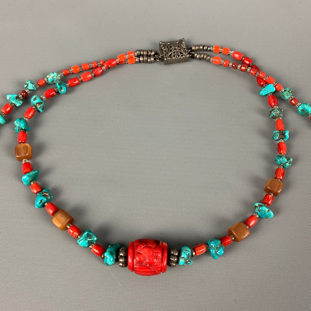 VINTAGE Coral Turquoise Sterling Silver Double Necklace