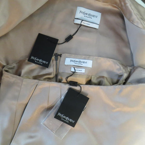 YVES SAINT LAURENT Rive Gauche Size 10 Muted Mauve Beige Silk Satin Top Stitch Skirt Suit