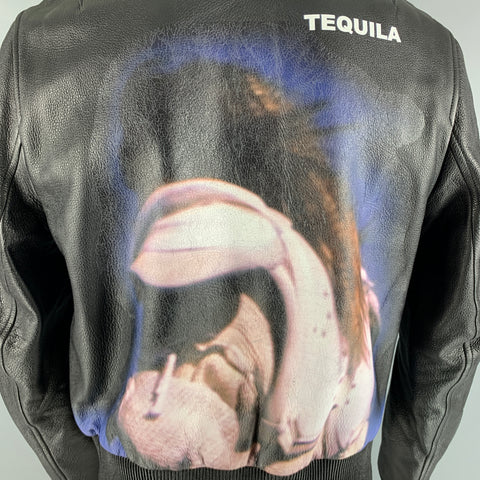 TIM COPPENS Size XL Black Graphic Leather Zip Up Jacket